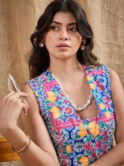 Women Blue Printed DoubleBreast Sleeveless Blazer Dress-SFDRSS12373