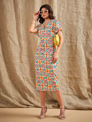 Women Yellow Printed V-Neck Bodycon Dress-SFDRSS12374