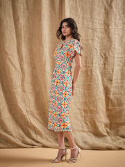 Women Yellow Printed V-Neck Bodycon Dress-SFDRSS12374