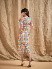 Women Yellow Printed V-Neck Bodycon Dress-SFDRSS12374