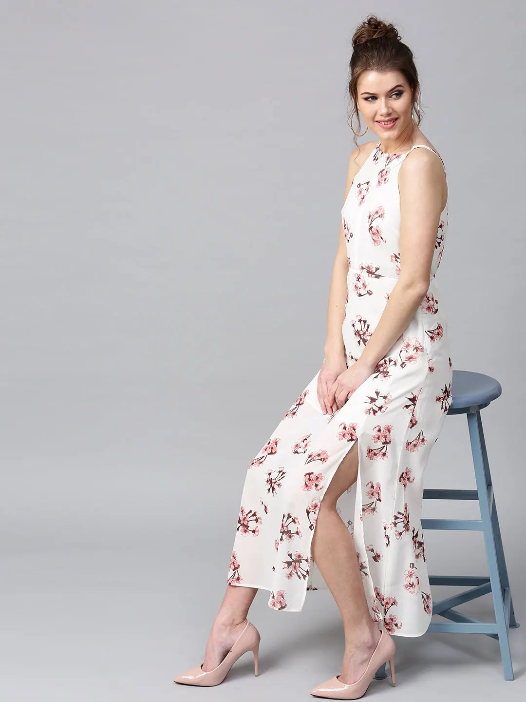 Ivory Floral Maxi Dress - Women's Ethnic Halter Style