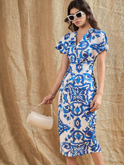 Women Blue Printed V-Neck Bodycon Dress-SFDRSS12375