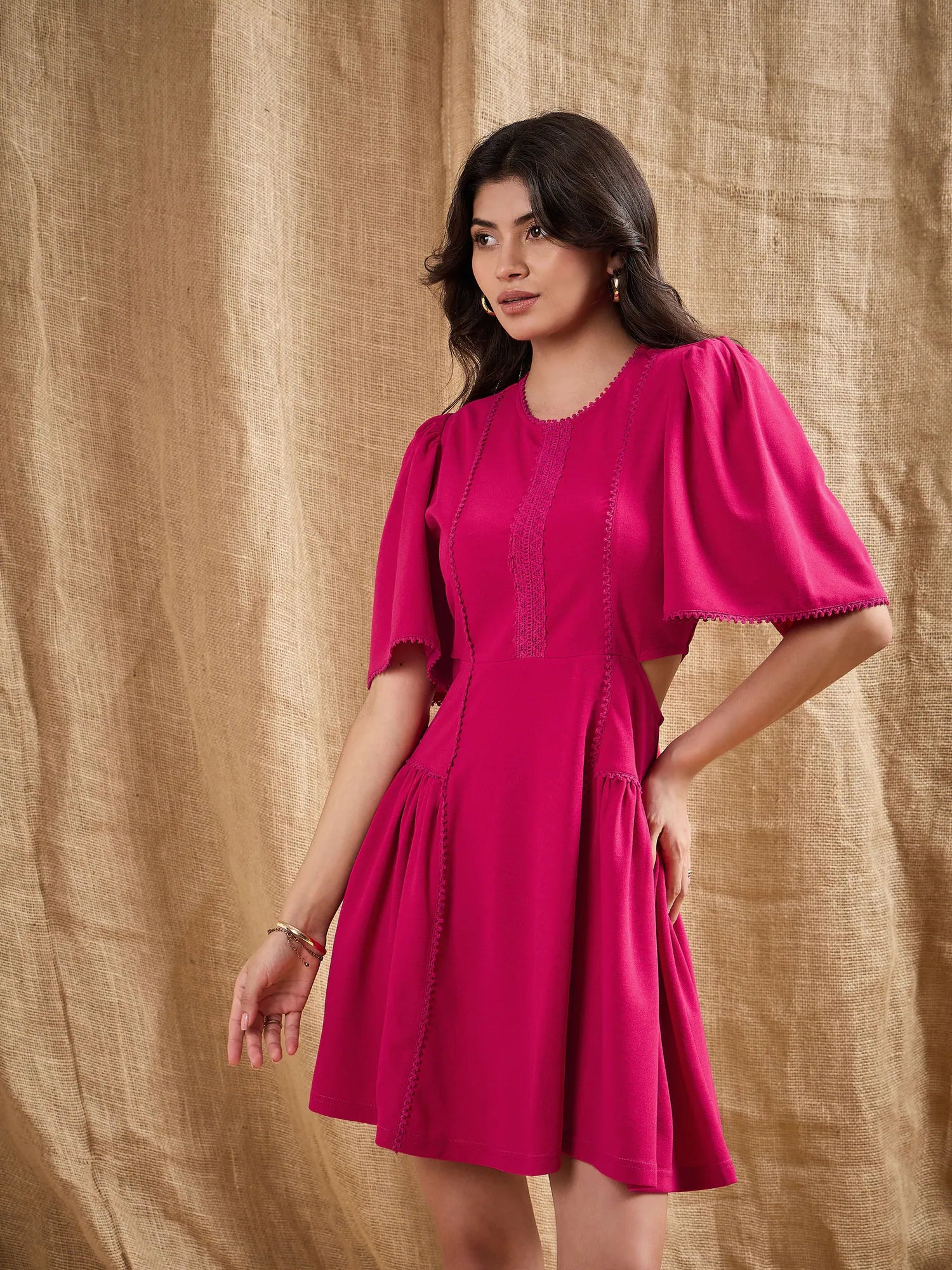 Fuchsia Cut Out Skater Dress | Women's Party Wear Lehenga Look