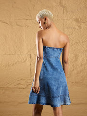 Women Blue Blast Off Shoulder Front Zipper Short Dress-SFDRSS12378