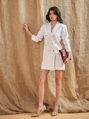 Women White Full Sleeves Double Breasted Blazer Dress-SFDRSS12380
