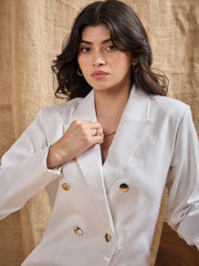 Women White Full Sleeves Double Breasted Blazer Dress-SFDRSS12380