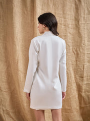 Women White Full Sleeves Double Breasted Blazer Dress-SFDRSS12380