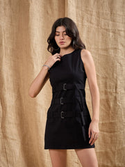 Women Black Belt Detail Sleeveless Short Dress-SFDRSS12381