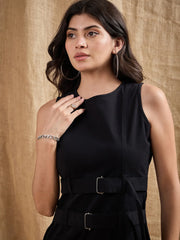 Women Black Belt Detail Sleeveless Short Dress-SFDRSS12381