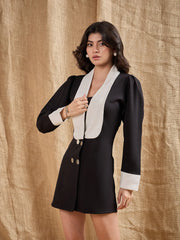 Women Black Contrast Collar Blazer Dress-SFDRSS12382