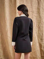 Women Black Contrast Collar Blazer Dress-SFDRSS12382