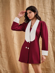 Women Maroon Contrast Collar Blazer Dress-SFDRSS12383