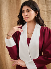 Women Maroon Contrast Collar Blazer Dress-SFDRSS12383