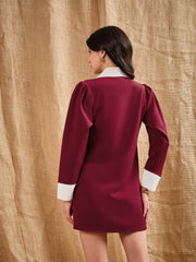 Women Maroon Contrast Collar Blazer Dress-SFDRSS12383