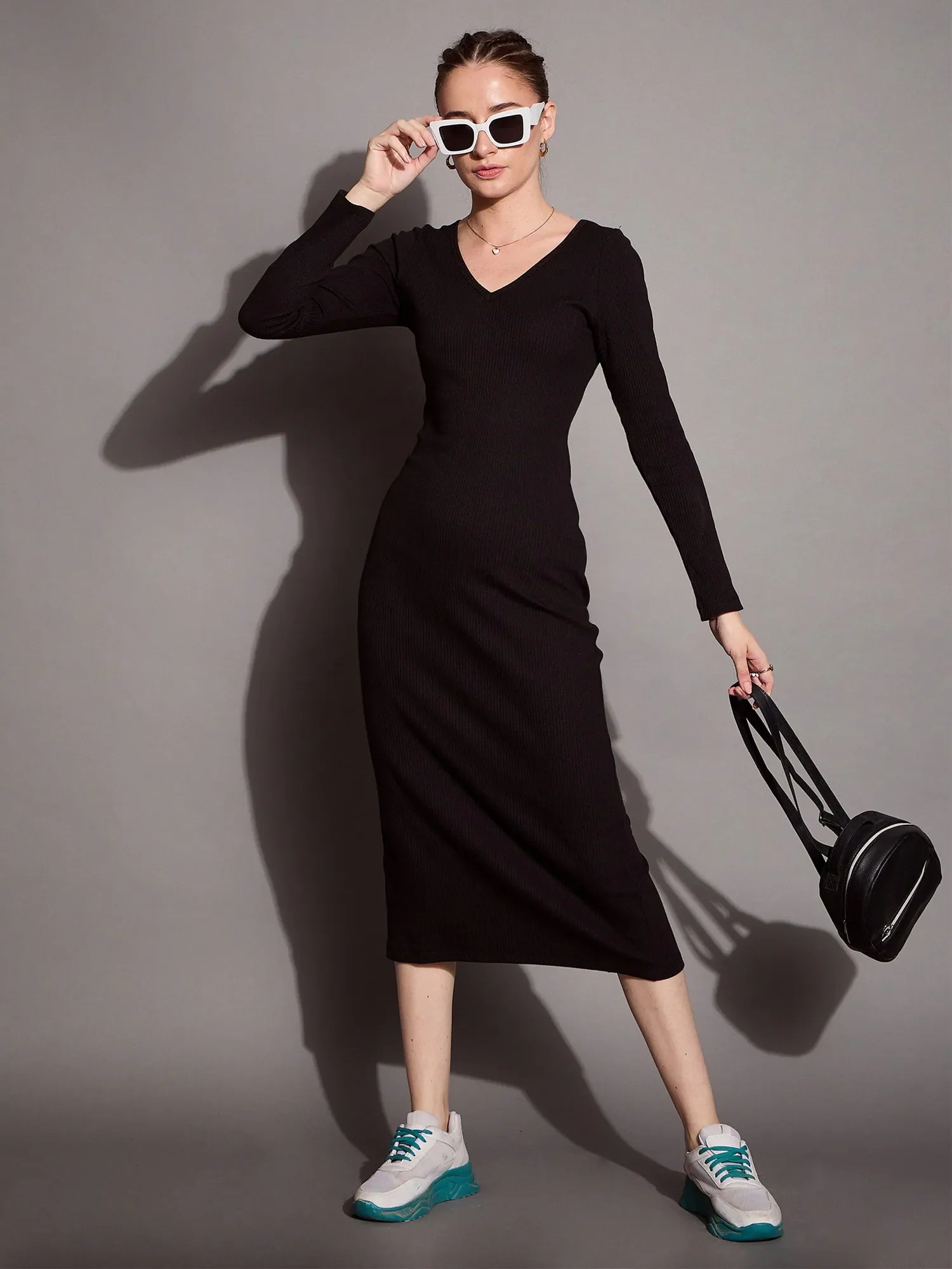 Black Bodycon Dress: Ribbed V-Neck Slim Fit Midi Dress