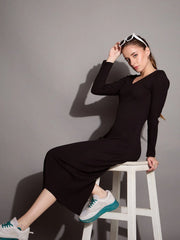 Women Black Ribbed V-Neck Full Sleeves Bodycon Dress-SFDRSS12390