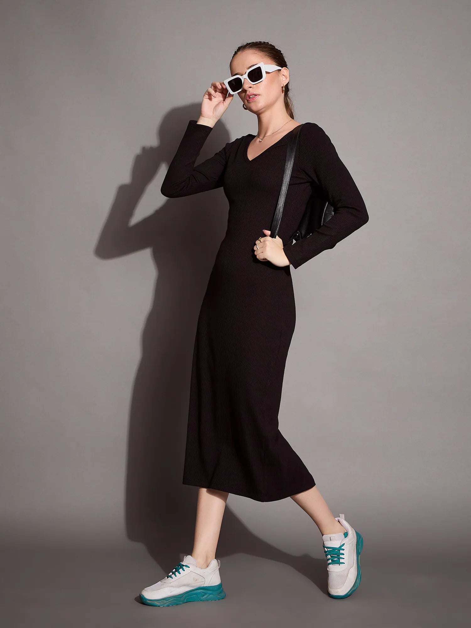 Black Bodycon Dress: Ribbed V-Neck Slim Fit Midi Dress