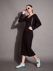 Women Black Ribbed V-Neck Full Sleeves Bodycon Dress-SFDRSS12390
