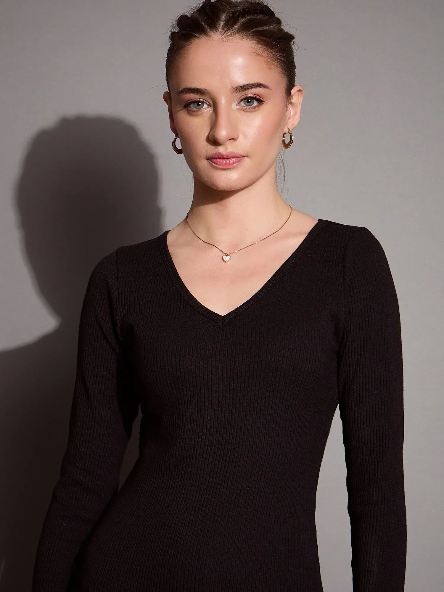 Black Bodycon Dress: Ribbed V-Neck Slim Fit Midi Dress
