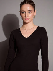 Women Black Ribbed V-Neck Full Sleeves Bodycon Dress-SFDRSS12390