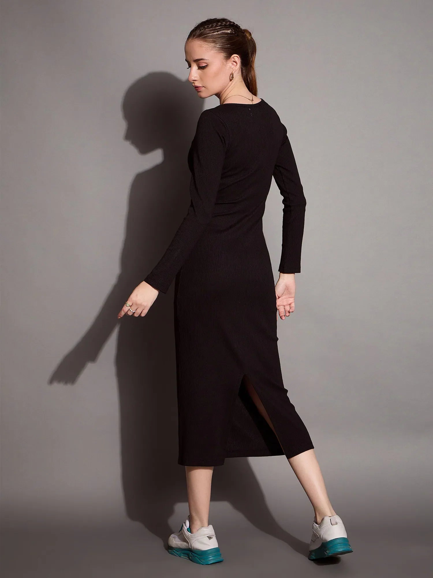 Black Bodycon Dress: Ribbed V-Neck Slim Fit Midi Dress