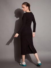 Women Black Ribbed V-Neck Full Sleeves Bodycon Dress-SFDRSS12390