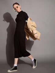 Women Black Ribbed Back Slit Full Sleeves Bodycon Dress-SFDRSS12392