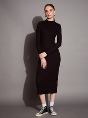 Women Black Ribbed Back Slit Full Sleeves Bodycon Dress-SFDRSS12392