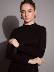 Women Black Ribbed Back Slit Full Sleeves Bodycon Dress-SFDRSS12392