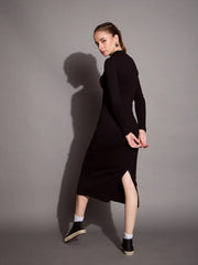 Women Black Ribbed Back Slit Full Sleeves Bodycon Dress-SFDRSS12392