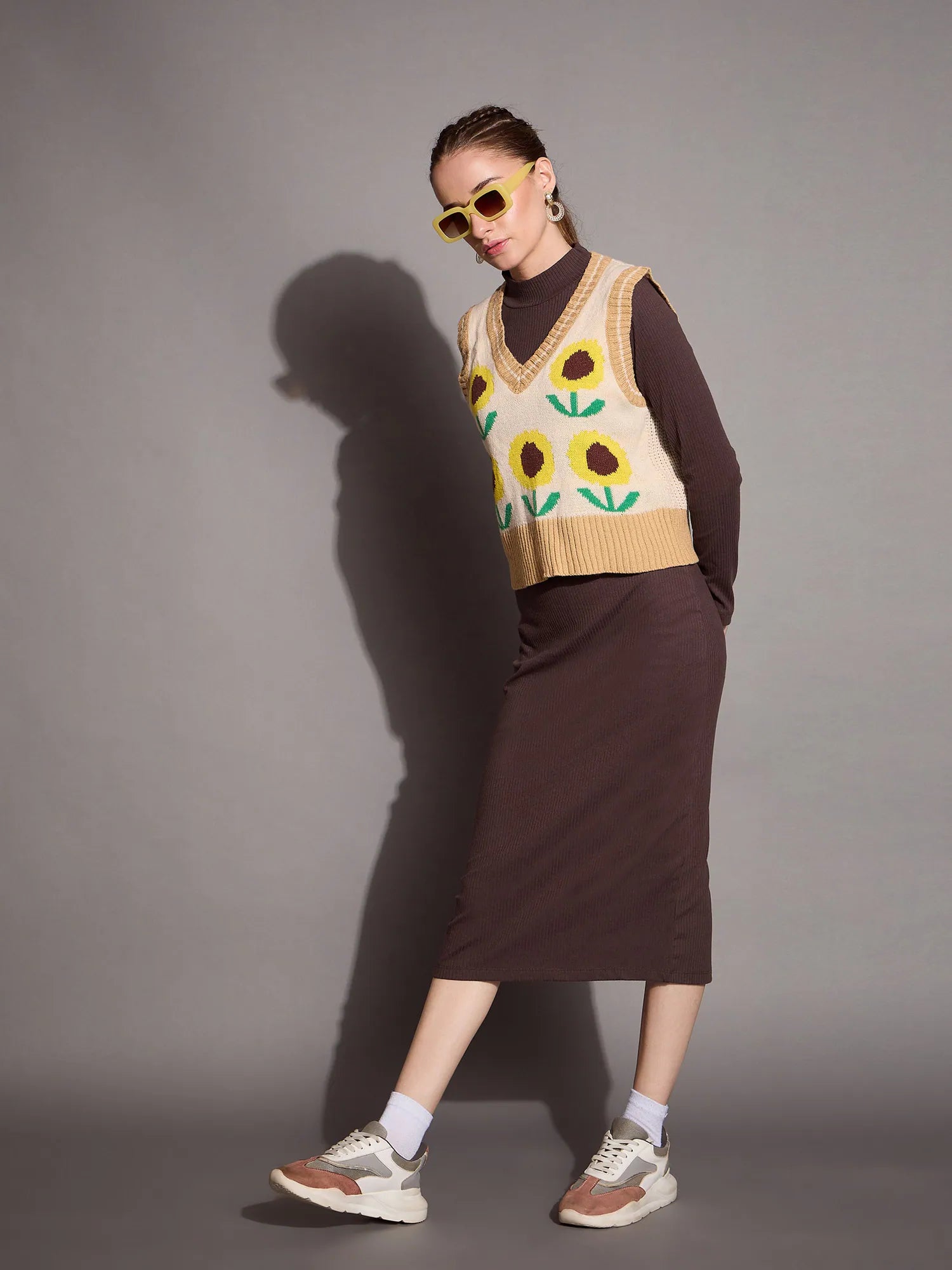 Brown Ribbed Bodycon Dress | Women's Slim Fit Below Knee Dress