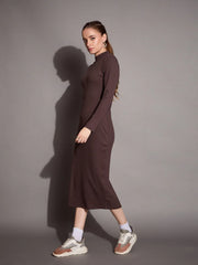 Women Brown Ribbed Back Slit Full Sleeves Bodycon Dress-SFDRSS12393