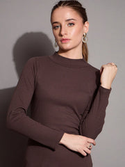 Women Brown Ribbed Back Slit Full Sleeves Bodycon Dress-SFDRSS12393