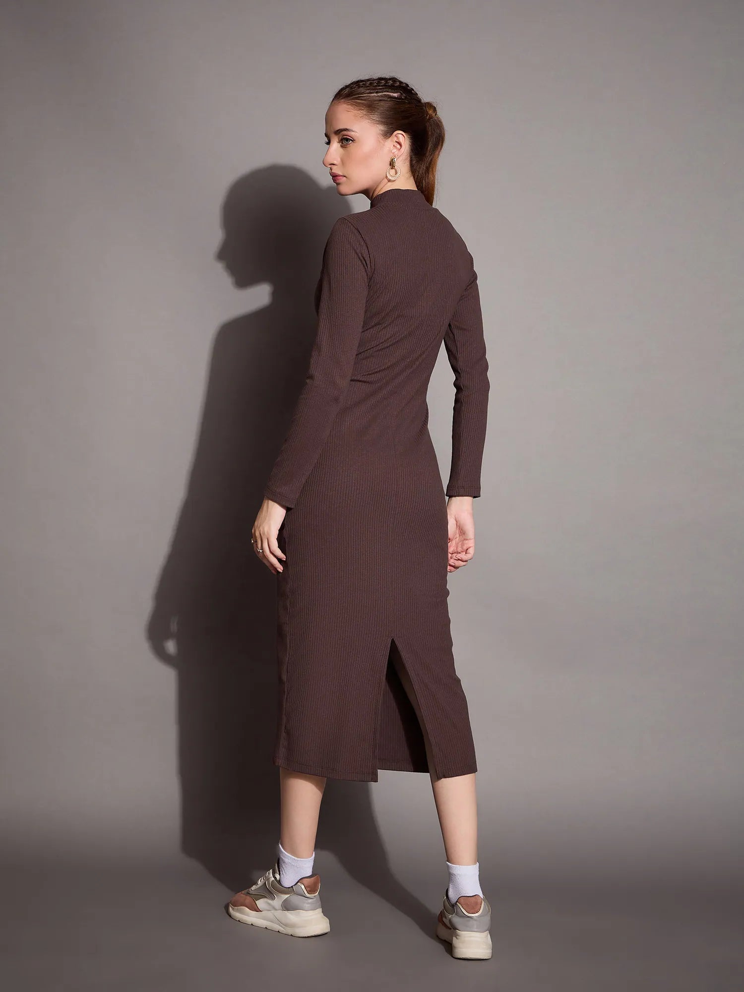 Brown Ribbed Bodycon Dress | Women's Slim Fit Below Knee Dress