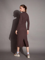 Women Brown Ribbed Back Slit Full Sleeves Bodycon Dress-SFDRSS12393