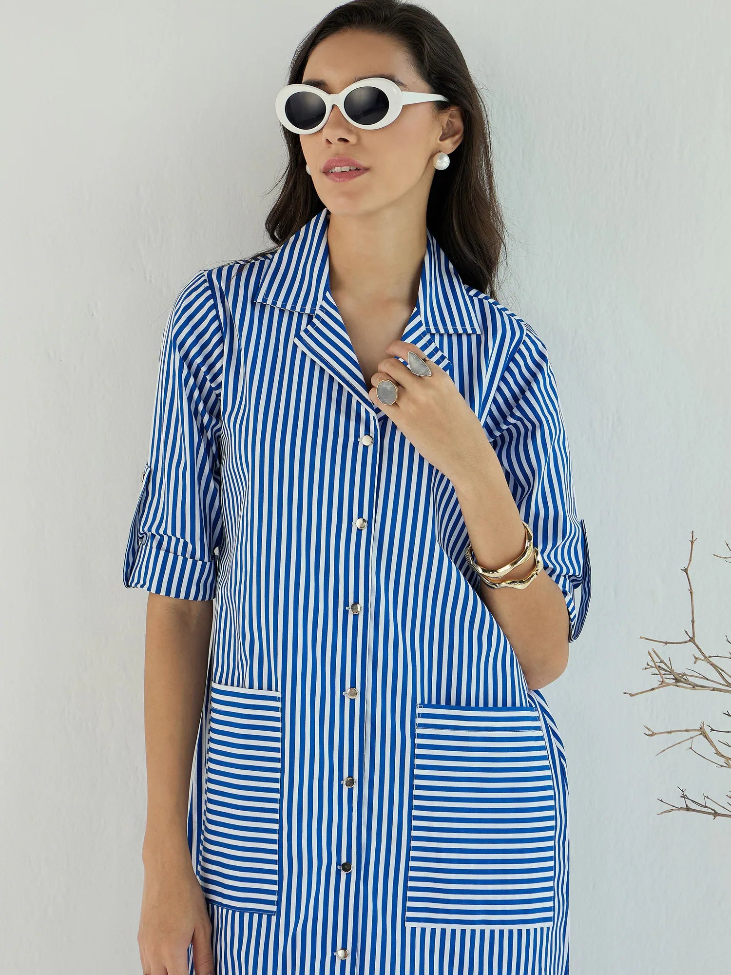 Striped Midi Dress - Women's Western Outfits in Blue & White