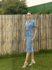 Women Blue & White Stripe Front Ruched Midi Dress-SFDRSS12395