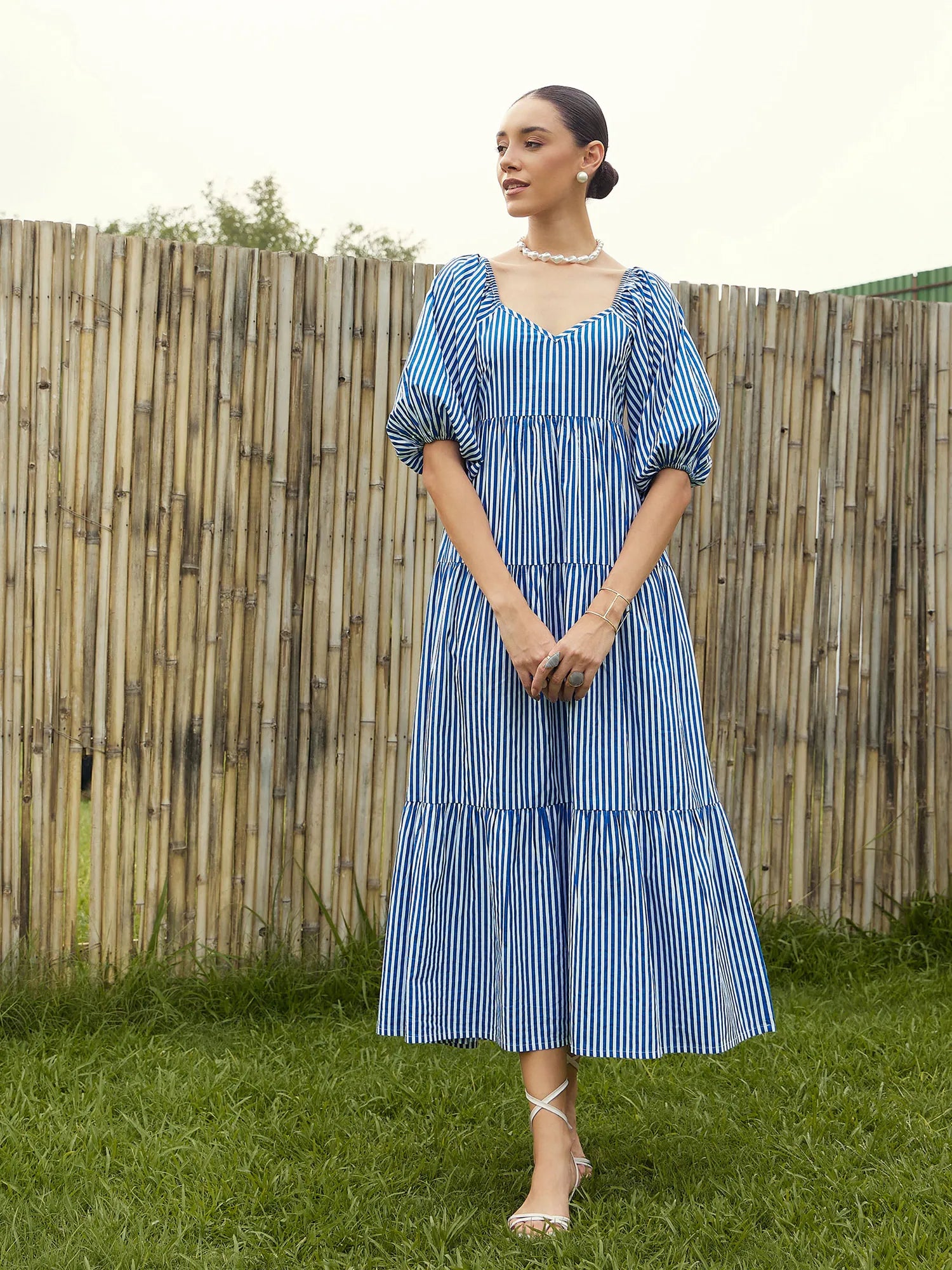 Blue & White Stripe Cotton Dress | Tiered Maxi Length