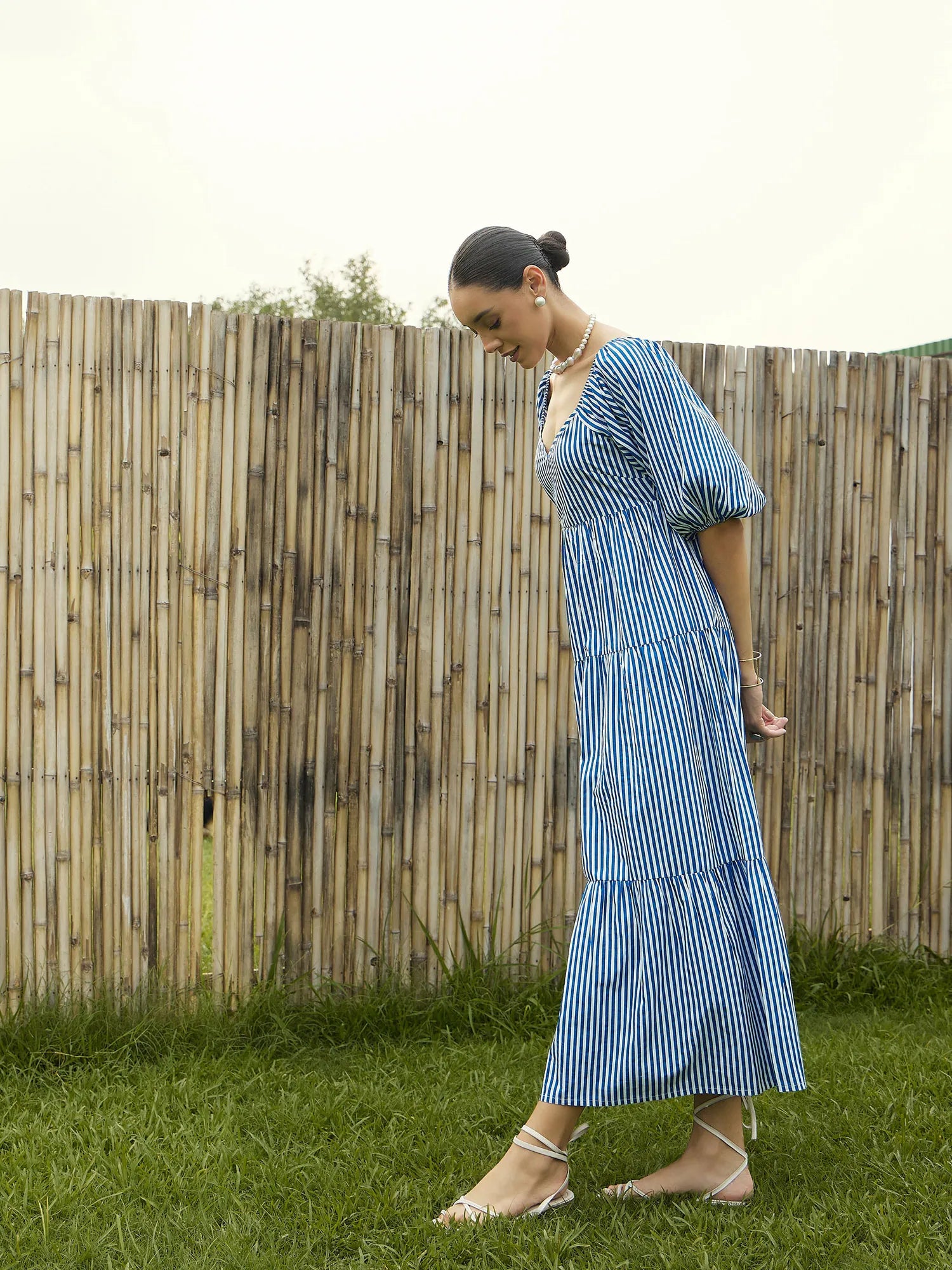 Blue & White Stripe Cotton Dress | Tiered Maxi Length