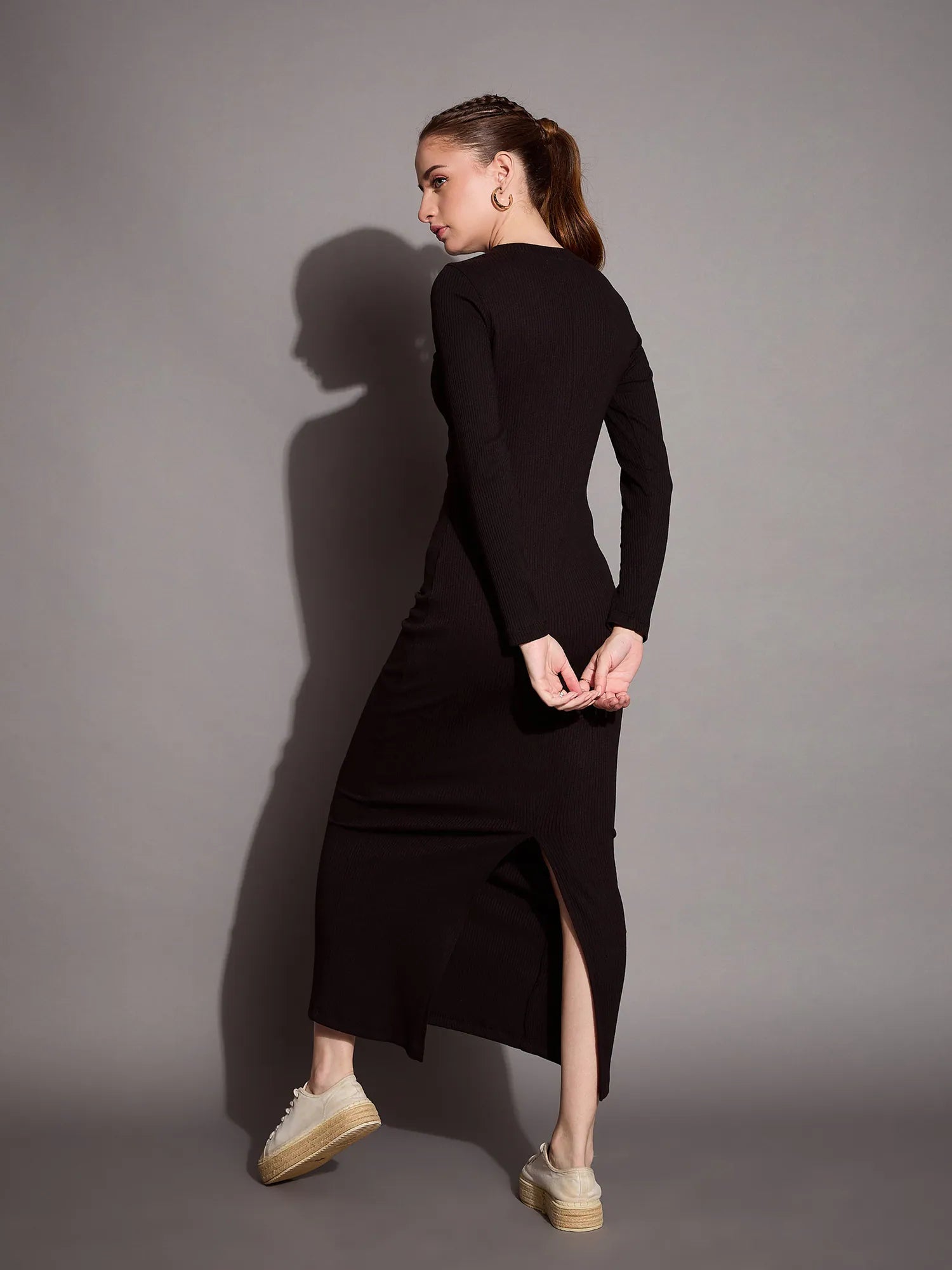 Black Ribbed Bodycon Maxi Dress | Lehenga Choli Style