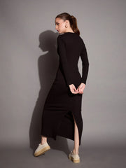 Women Black Ribbed Bodycon Maxi Dress-SFDRSS12401