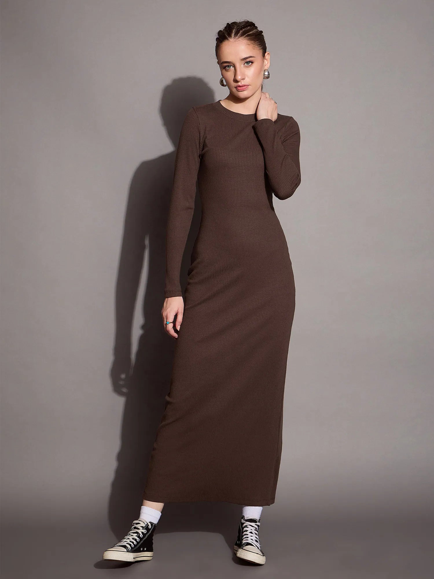 Brown Ribbed Bodycon Dress - Indian Cotton Dresses Online Brown Ribbed Bodycon Dress - Indian Cotton Dresses Online