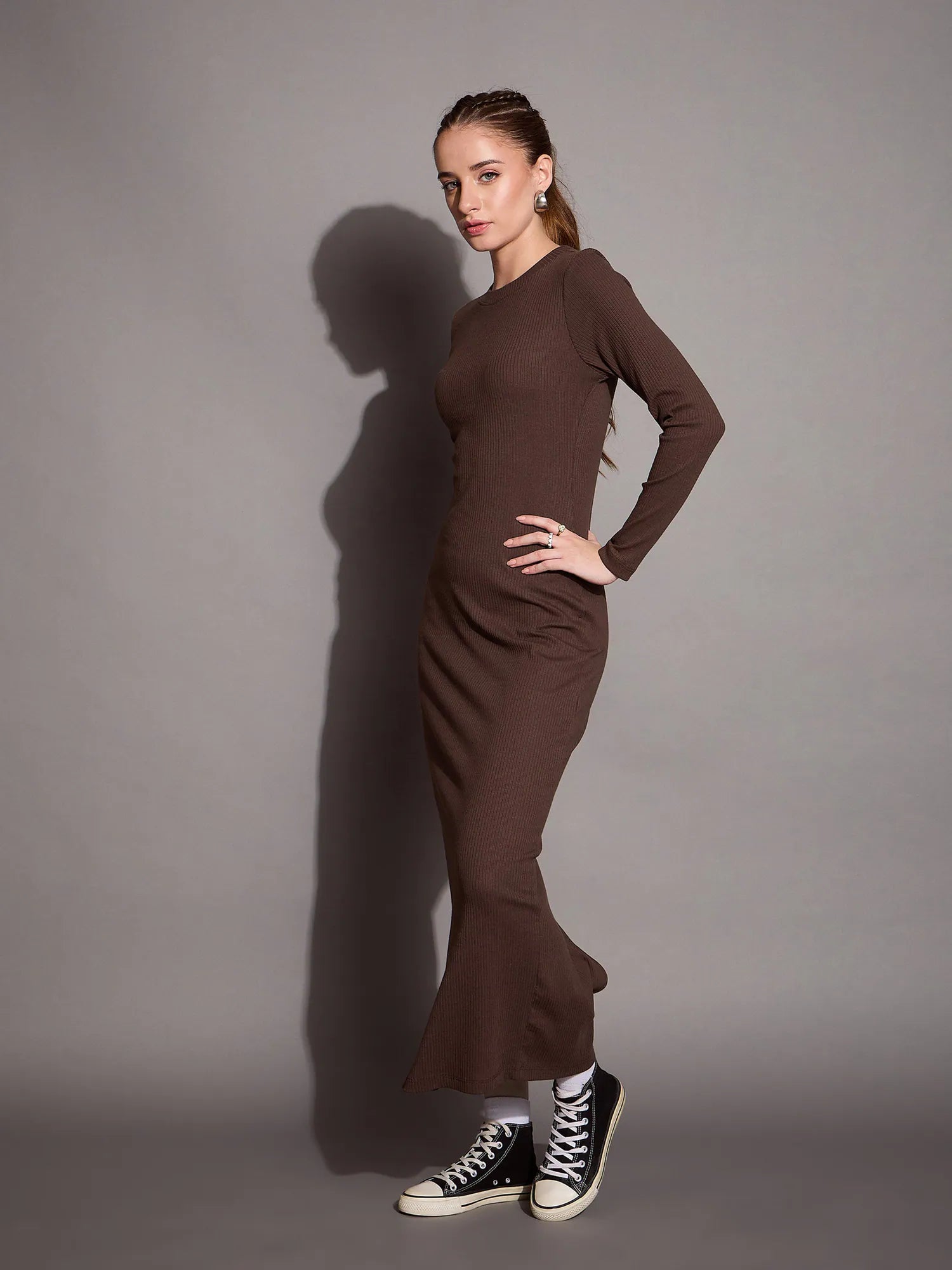 Brown Ribbed Bodycon Dress - Indian Cotton Dresses Online Brown Ribbed Bodycon Dress - Indian Cotton Dresses Online