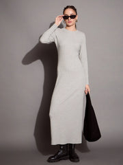 Women Grey Melange Ribbed Bodycon Maxi Dress-SFDRSS12403