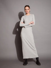 Women Grey Melange Ribbed Bodycon Maxi Dress-SFDRSS12403