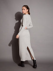 Women Grey Melange Ribbed Bodycon Maxi Dress-SFDRSS12403