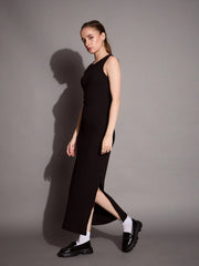 Women Black Ribbed Sleeveless Bodycon Maxi Dress-SFDRSS12404