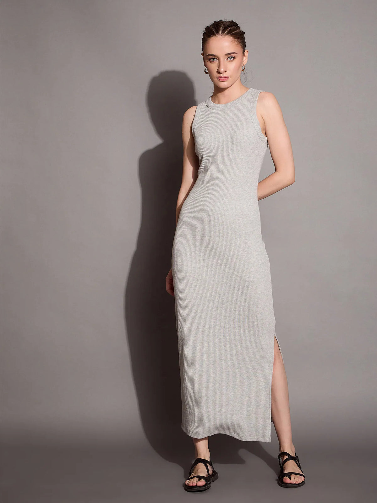 Women Grey Melange Ribbed Sleeveless Bodycon Maxi Dress-SFDRSS12405