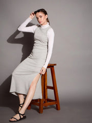 Women Grey Melange Ribbed Sleeveless Bodycon Maxi Dress-SFDRSS12405