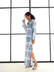 Women White & Blue Floral Abaya Dress-SFDRSS12409